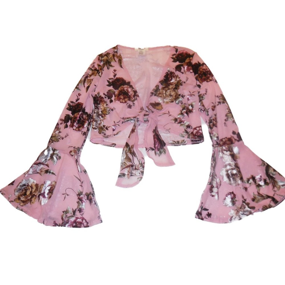 Bolero Blouse Cropped Long Bell Sleeve Slim Fit pink floral belly dance top